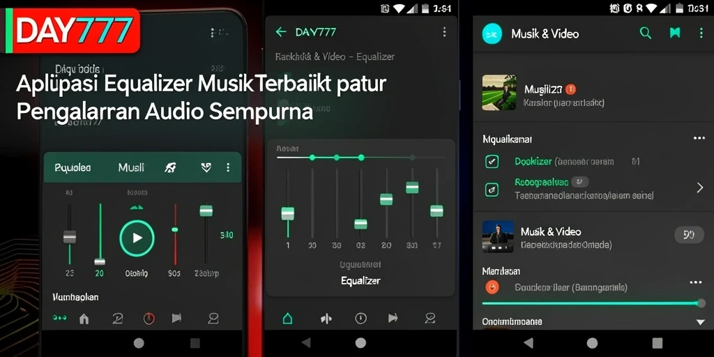 Antarmuka aplikasi Equalizer DAY777 saat digunakan untuk mendengarkan musik.