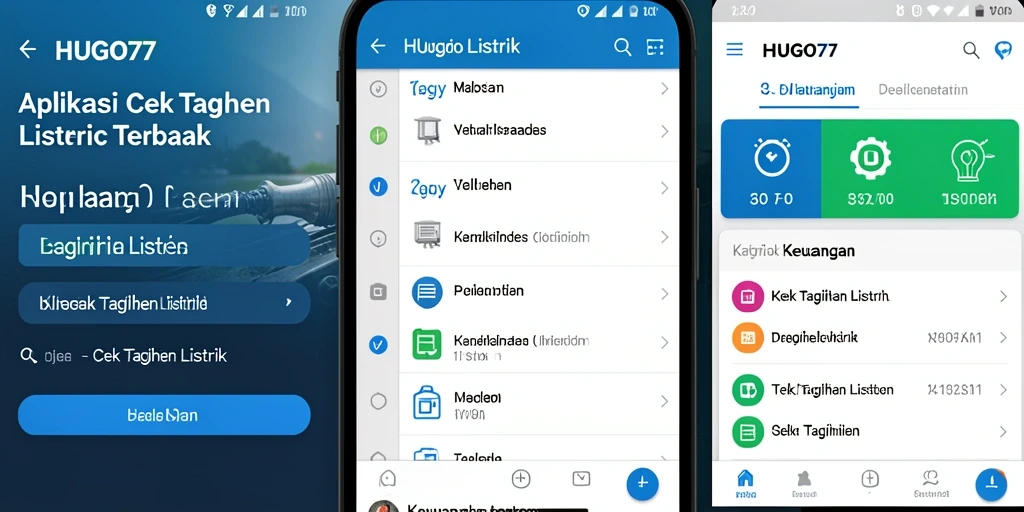 Tampilan antarmuka aplikasi HUGO77 untuk cek tagihan listrik.